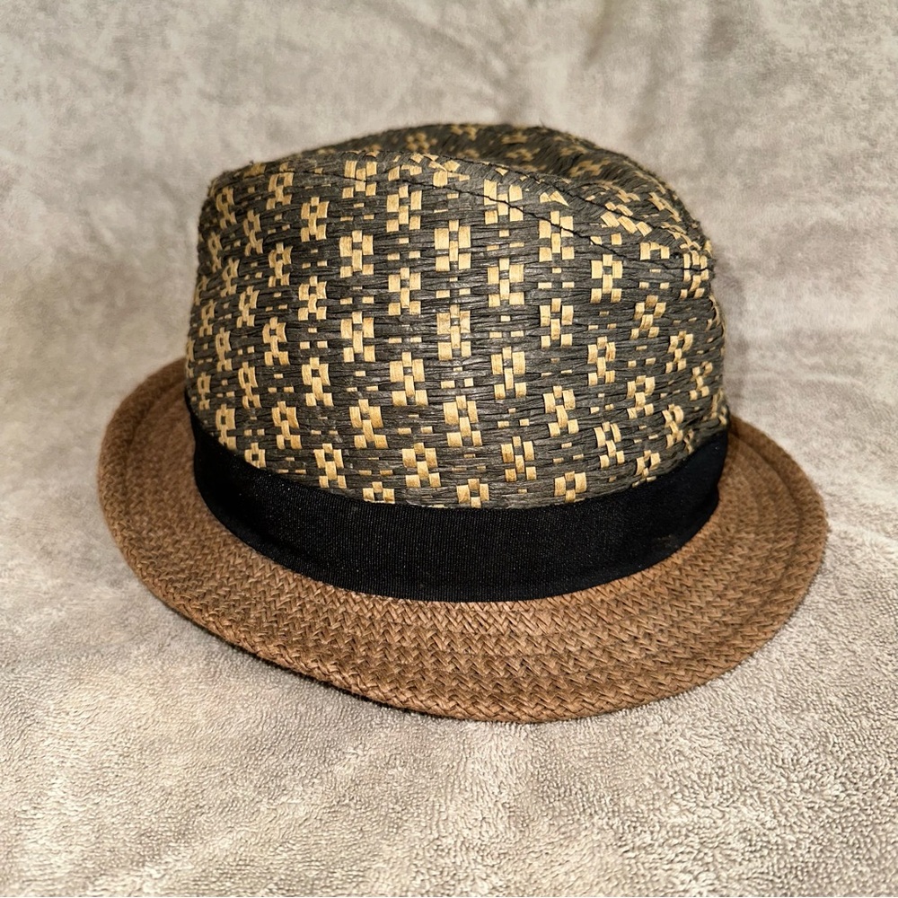 Straw Fedora Hat Trilby Black Tan Geometric Diamond Weave Unisex Accessory